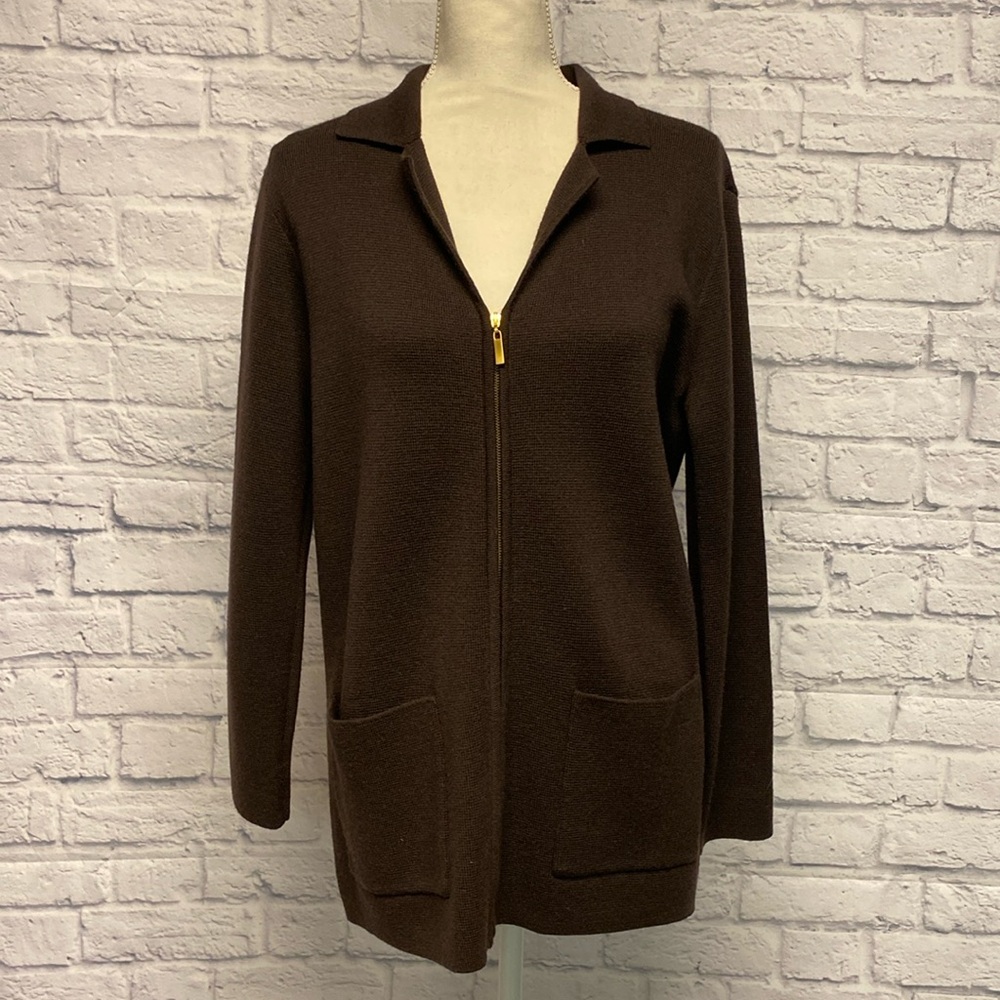 Liz Claiborne Petite 100% Wool Brown Full Zip Hooded Sweater Size SP